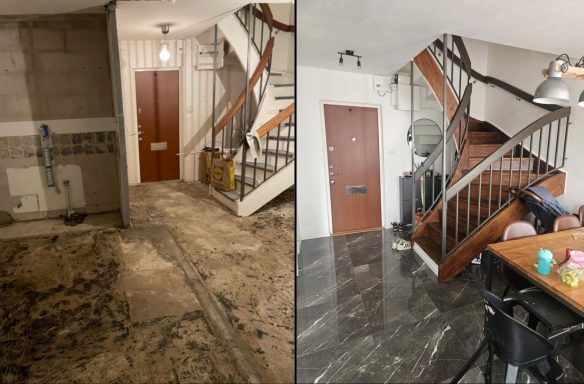 Två rum med olika golvbeläggningar, en renoverad trappa och en träddörr.